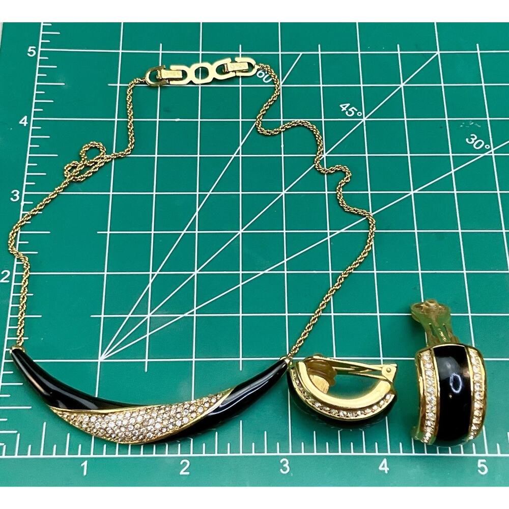 Christian Dior Vtg 1980s Black Enamel Pave Rhinestone Necklace Clip Earrings Set - Picture 13 of 13